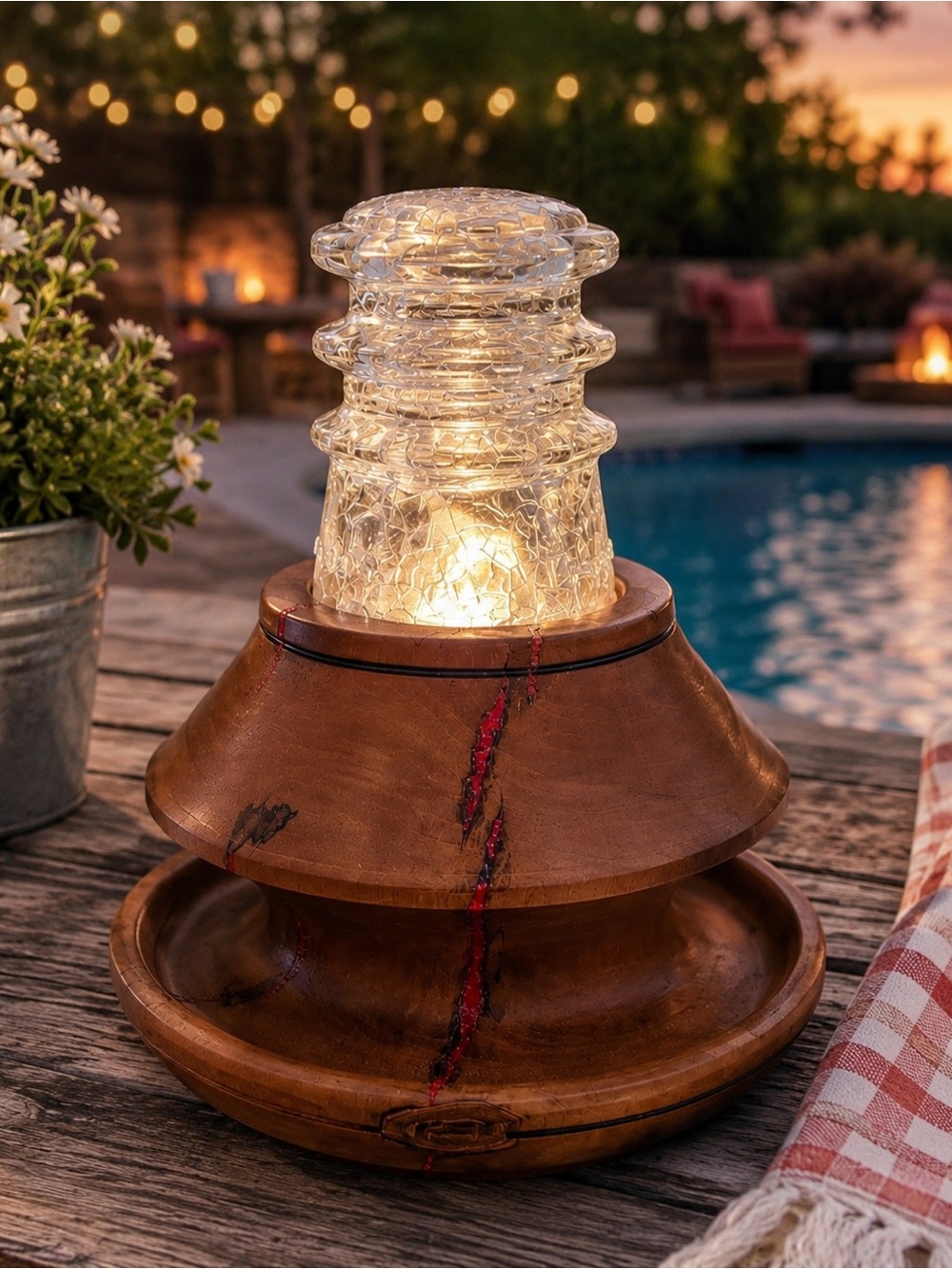B&W Redneck Fairy Lamp | Crackle Glass Insulator & Hand-Turned Wood